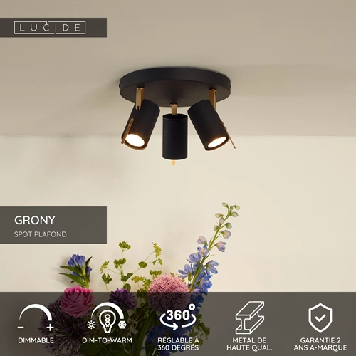 Lucide GRONY - Spot plafond - LED Dim to warm - GU10 - 3x5W 2200K/3000K - Noir - USP